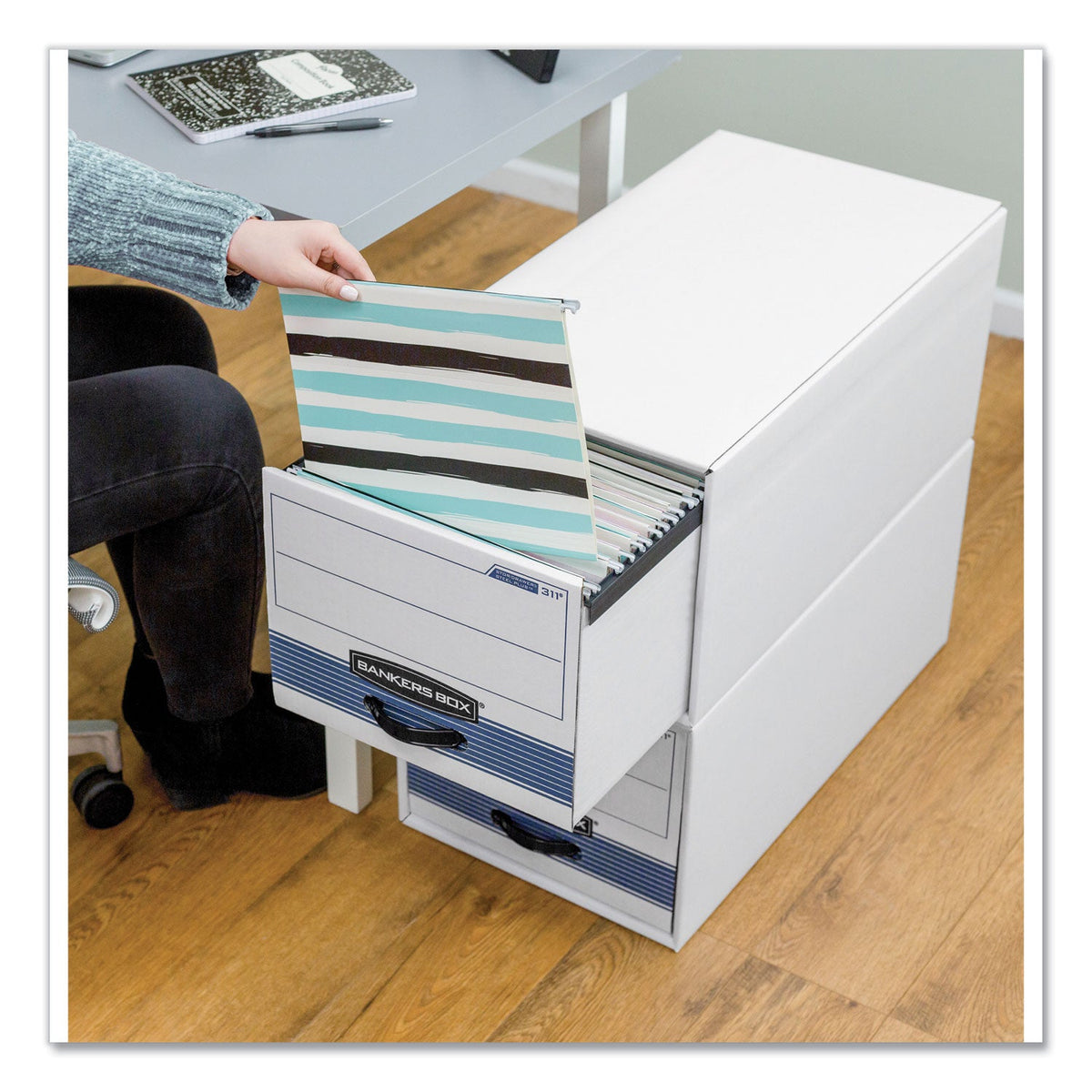 Bankers Box STOR/DRAWER STEEL PLUS Extra Space-Savings Storage Drawers, Letter Files, 14" x 25.5" x 11.5", White/Blue, 6/Carton