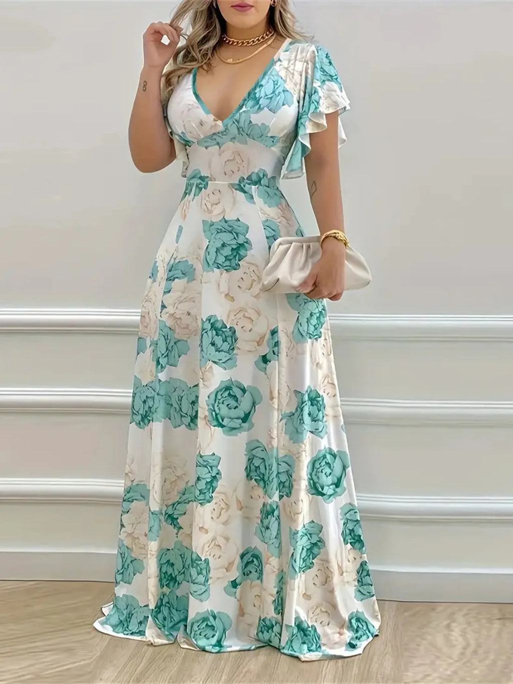 Floral Print V-Neck Maxi Dress with Flutter Sleeves
