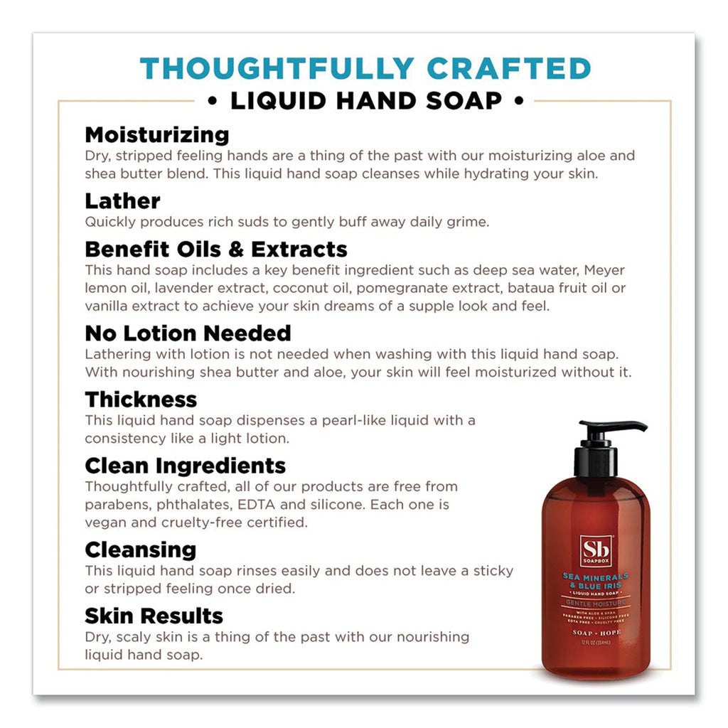 Soapbox Hand Soap, Sea Minerals and Blue Iris, 12 oz Pump Bottle