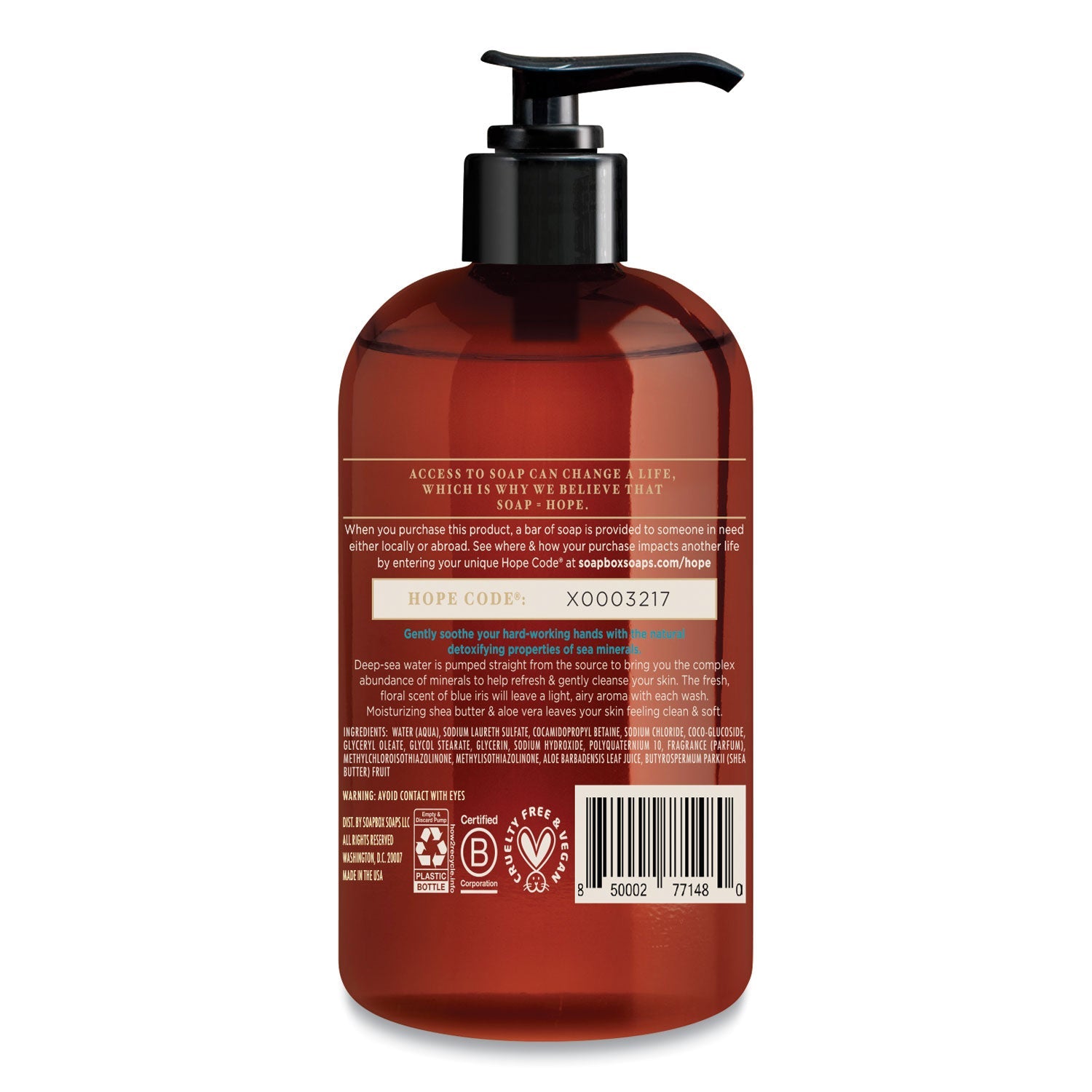 Soapbox Hand Soap, Sea Minerals and Blue Iris, 12 oz Pump Bottle