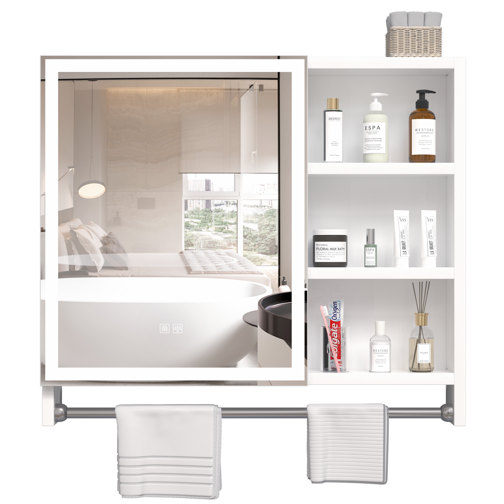 Modern 32x28 inch bathroom storage cabinet with mirrors, LED lights, multi-layer storage compartments, and towel racks