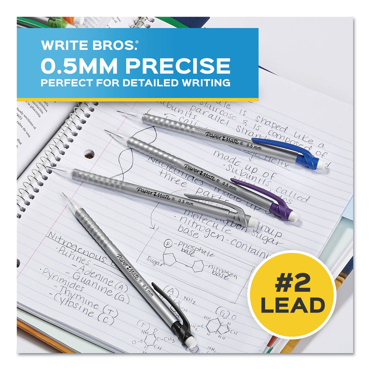 Paper Mate Write Bros Mechanical Pencil, 0.5 mm, HB (#2), Black Lead, Silver Barrel with Assorted Clip Colors, 24/Pack