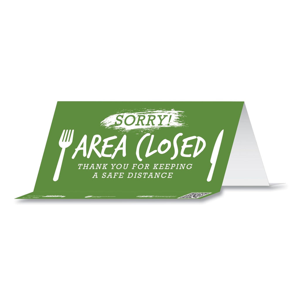 Tabbies BeSafe Messaging Table Top Tent Card, 8 x 3.87, Sorry! Area Closed Thank You For Keeping A Safe Distance, Green, 100/Carton