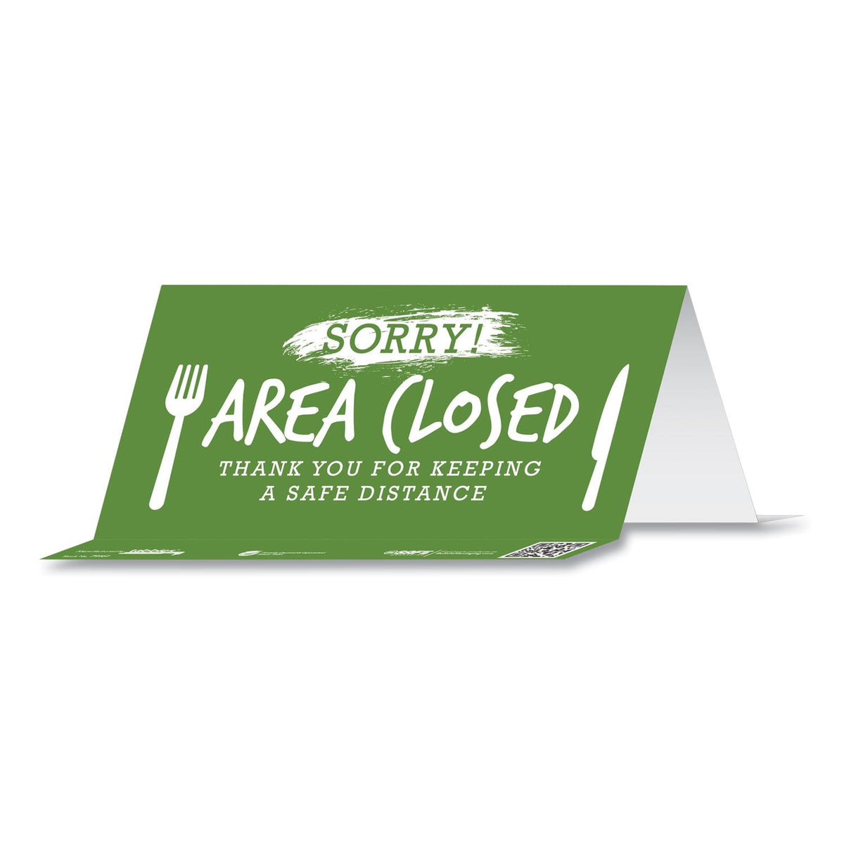 Tabbies BeSafe Messaging Table Top Tent Card, 8 x 3.87, Sorry! Area Closed Thank You For Keeping A Safe Distance, Green, 100/Carton