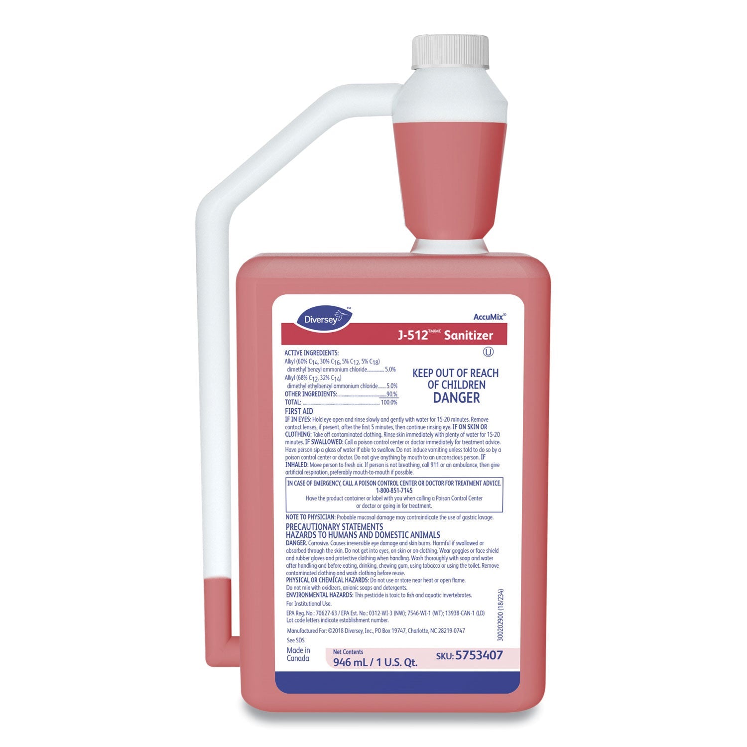 Diversey J-512TM/MC Santizer, 32 oz AccuMix Bottle, 6/Carton