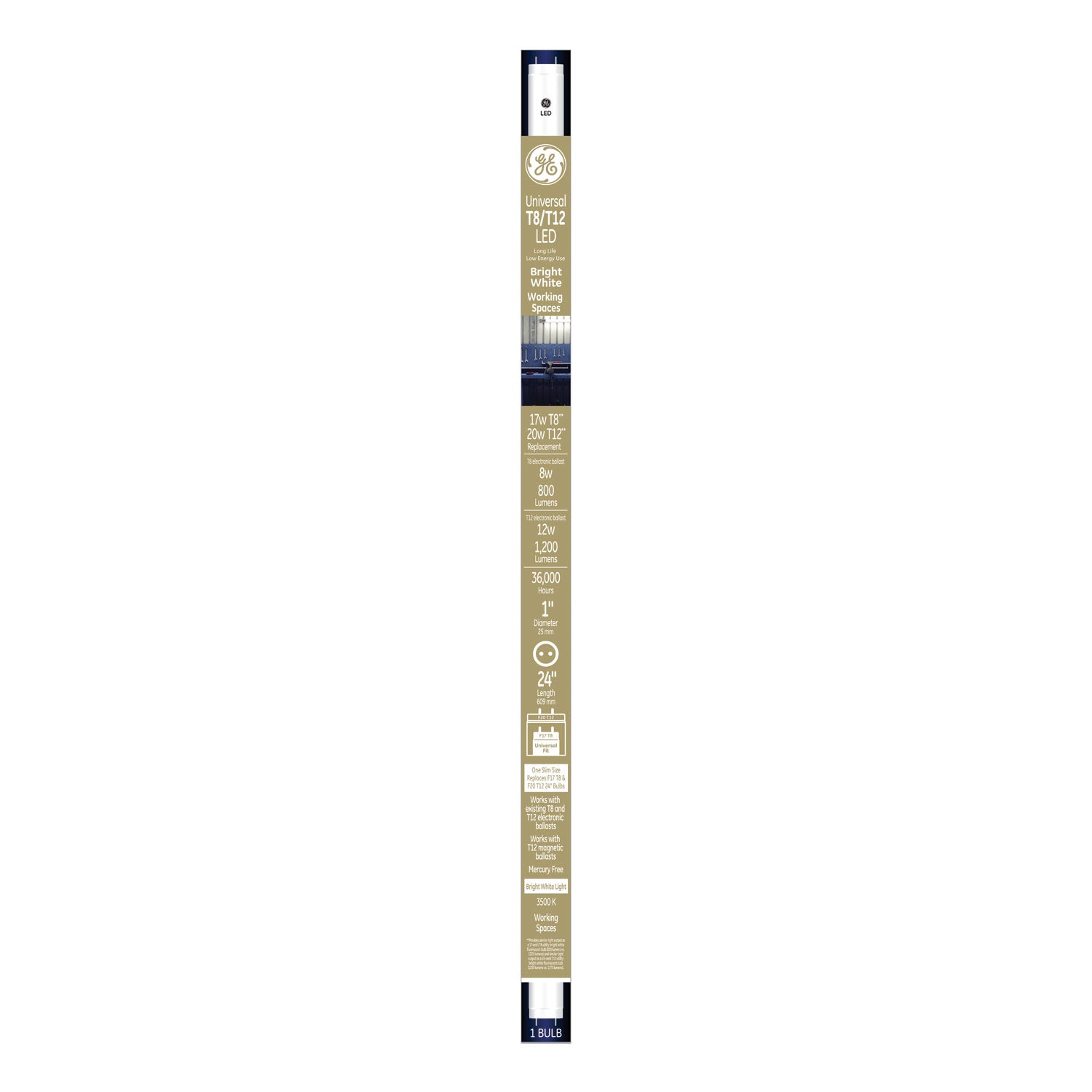 GE 24" T8/T12, 20 W, T8 Tube, Bright White, 6/Carton