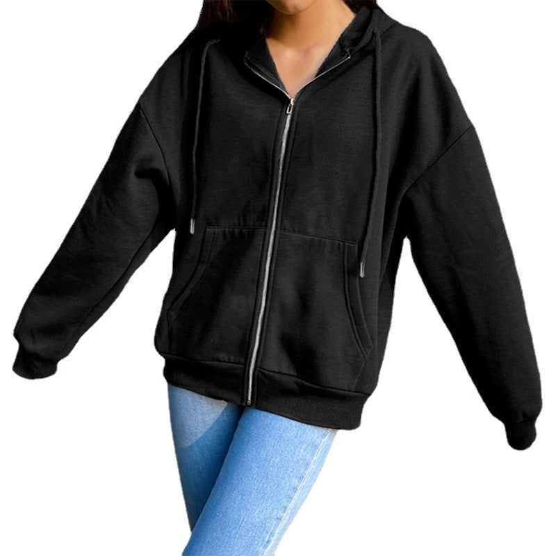 Women's Loose Zip Hooded Jacket – Casual Street Style Long Sleeve
