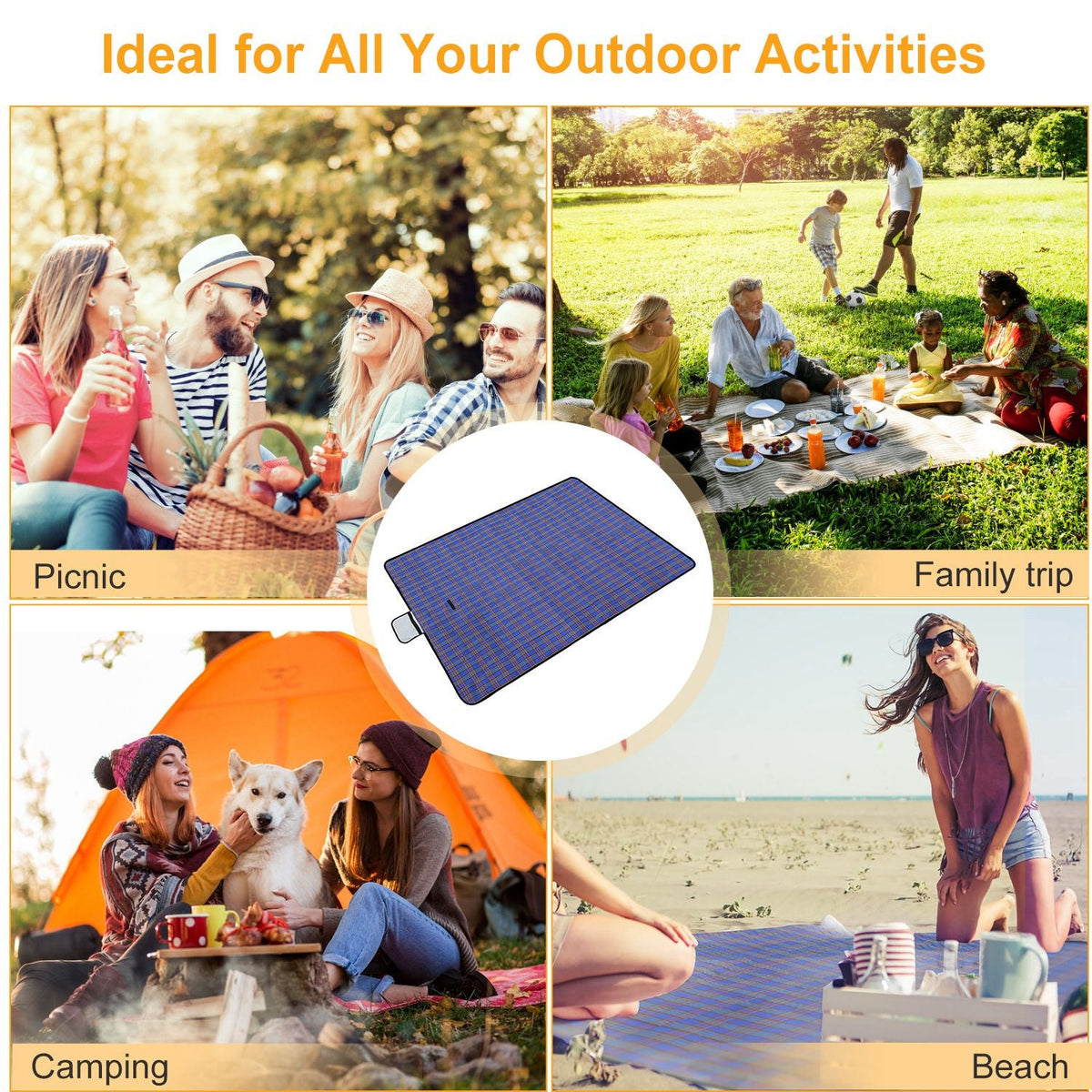 60" x 78" Waterproof Picnic Blanket Handy Mat with Strap Foldable Camping Rug for Camping Hiking Grass Travelling