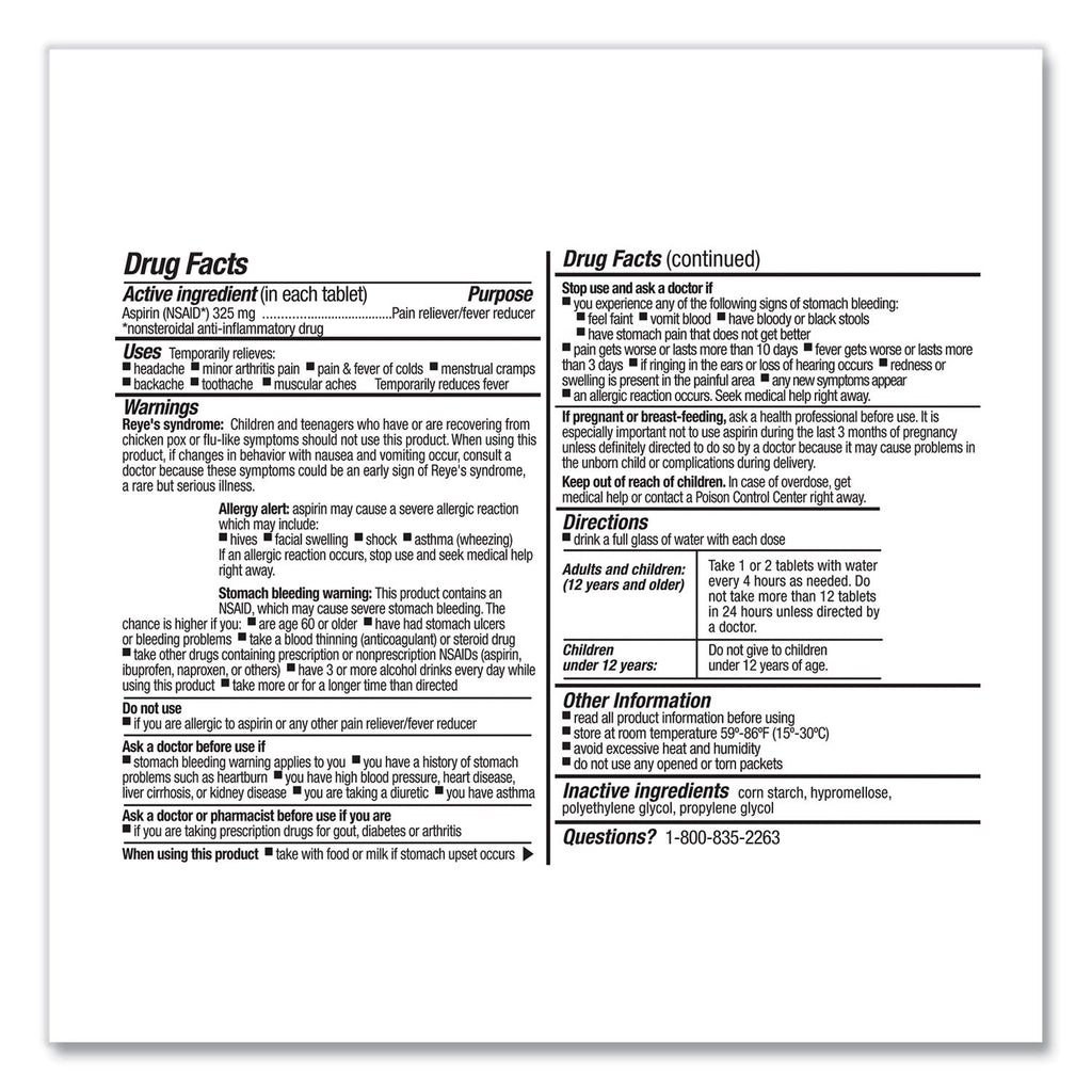 First Aid Only SmartCompliance Aspirin Refill, 2/Packet, 10 Packets/Box