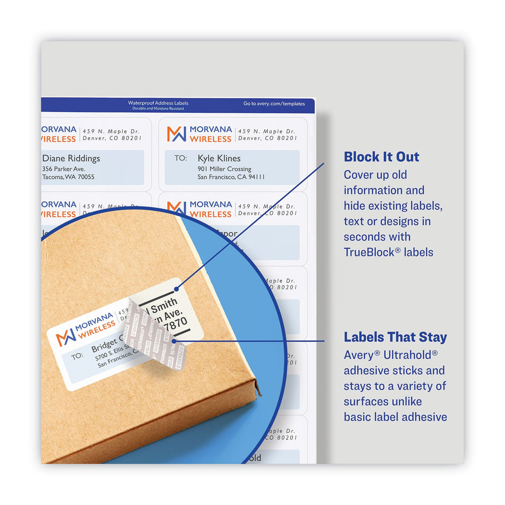 Avery Waterproof Shipping Labels with TrueBlock and Sure Feed, Laser Printers, 2 x 4, White, 10/Sheet, 500 Sheets/Box