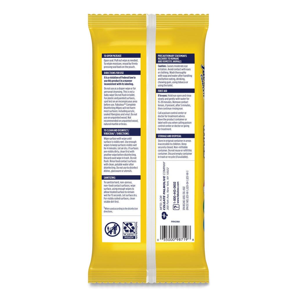 Fabuloso Multi Purpose Wipes, 7 x 7, Lemon, 24/Pack, 12 Packs/Carton