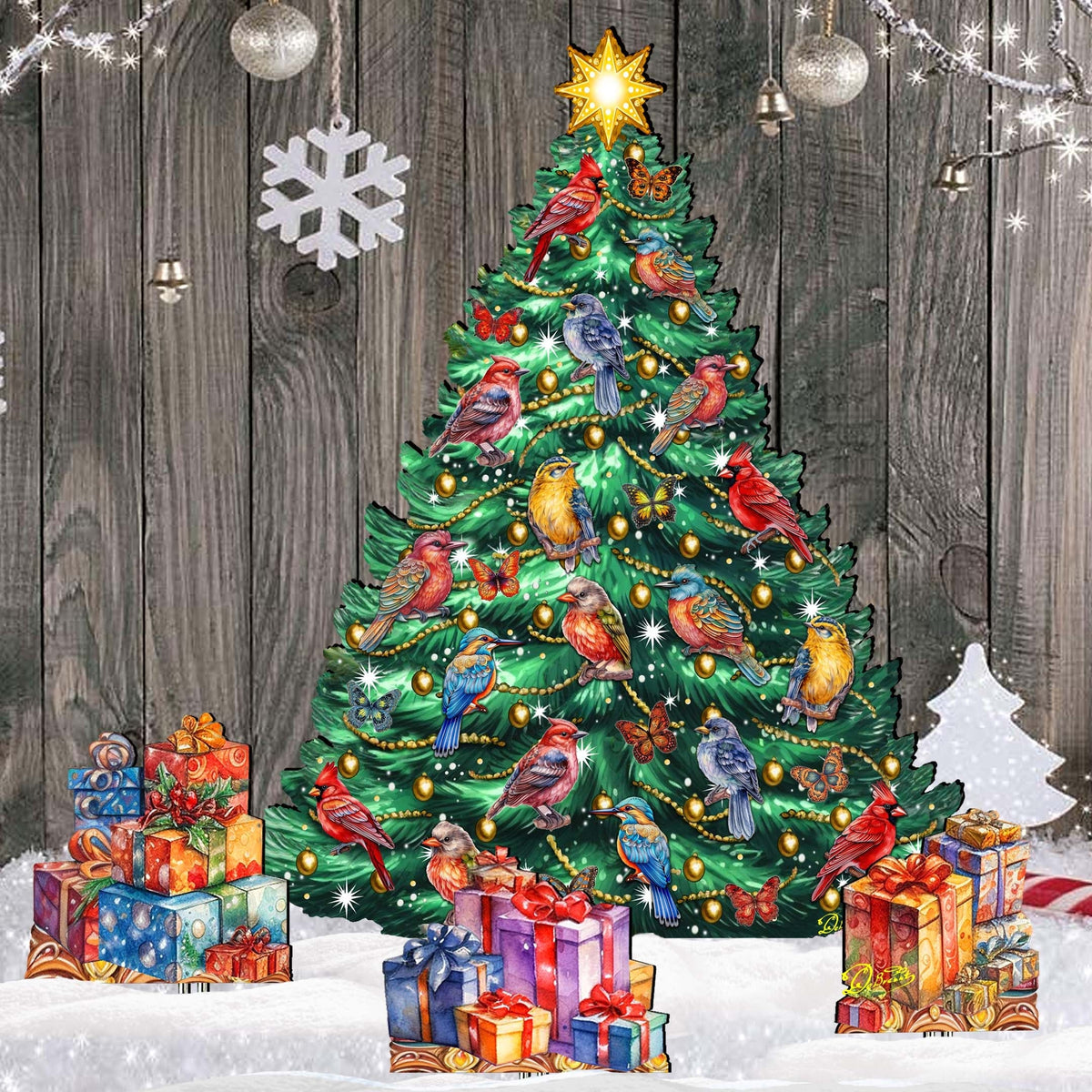 Christmas Birds-Themed Christmas Tree Set Outdoor Indoor Decor Wooden Christmas Decoration by G. Debrekht Christmas Decor - 8191511F-G