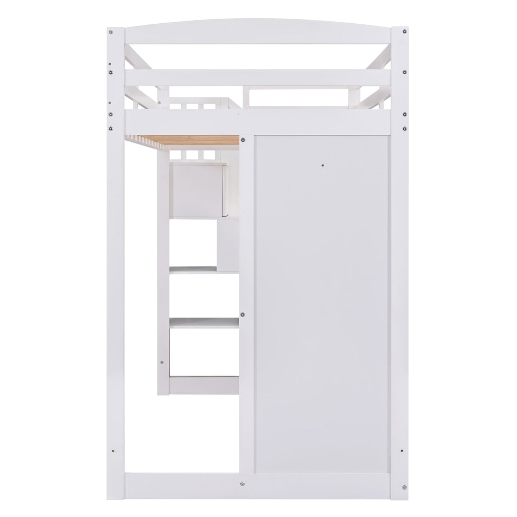 Twin Size Loft Bed with Wardrobe and Staircase, Desk and Storage Drawers and Cabinet in 1  White