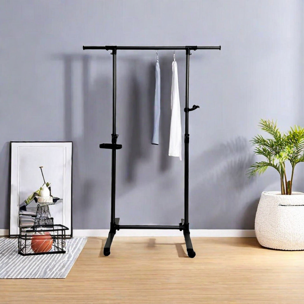 Short clothes hanger with chassis and wheels, heavy-duty rolling clothes hanger, black