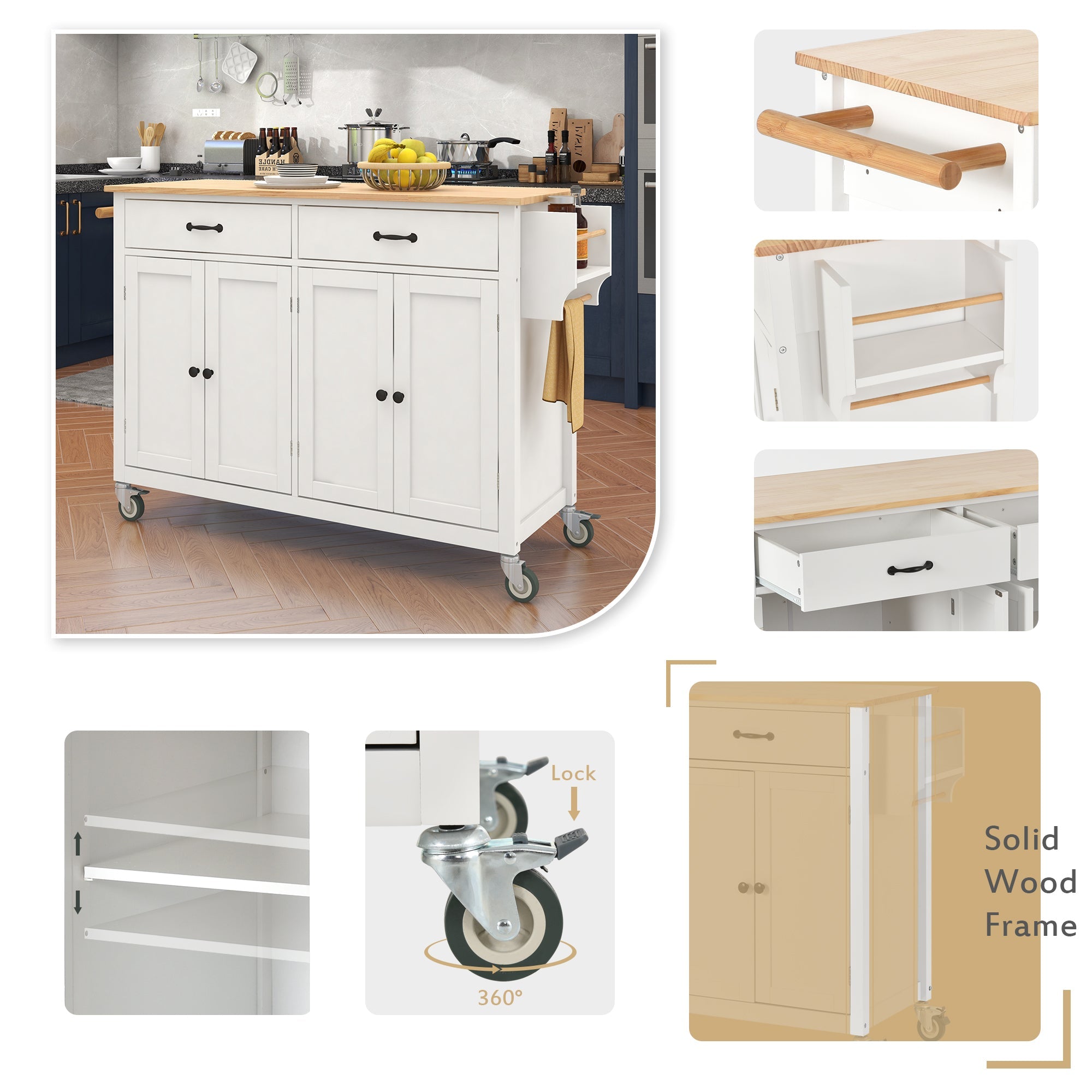 Kitchen Island Cart with Solid Wood Top and Locking Wheels 54.3 Inch Width  (White)