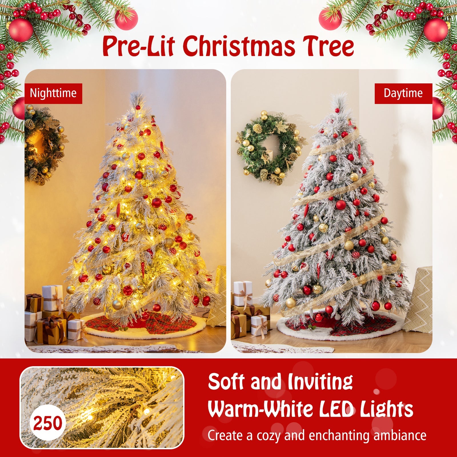 4.5/6/7 Feet Pre-Lit Snow Flocked Christmas Tree with Warm White LED Lights