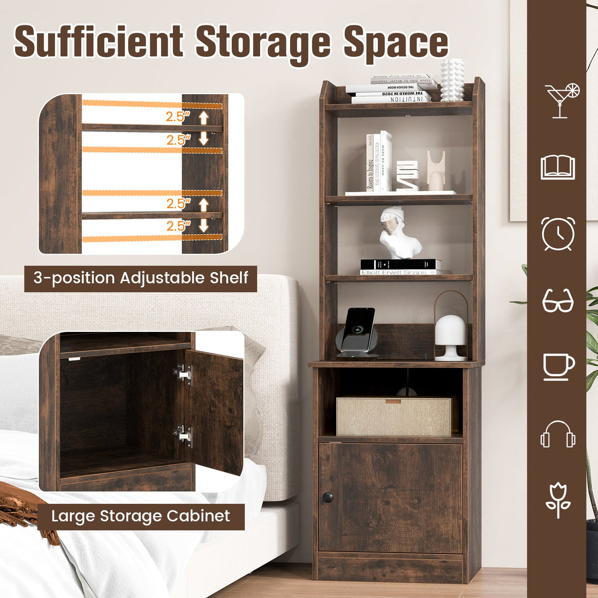 6-Tier Bookshelf Nightstand with Charging Station and Cabinet
