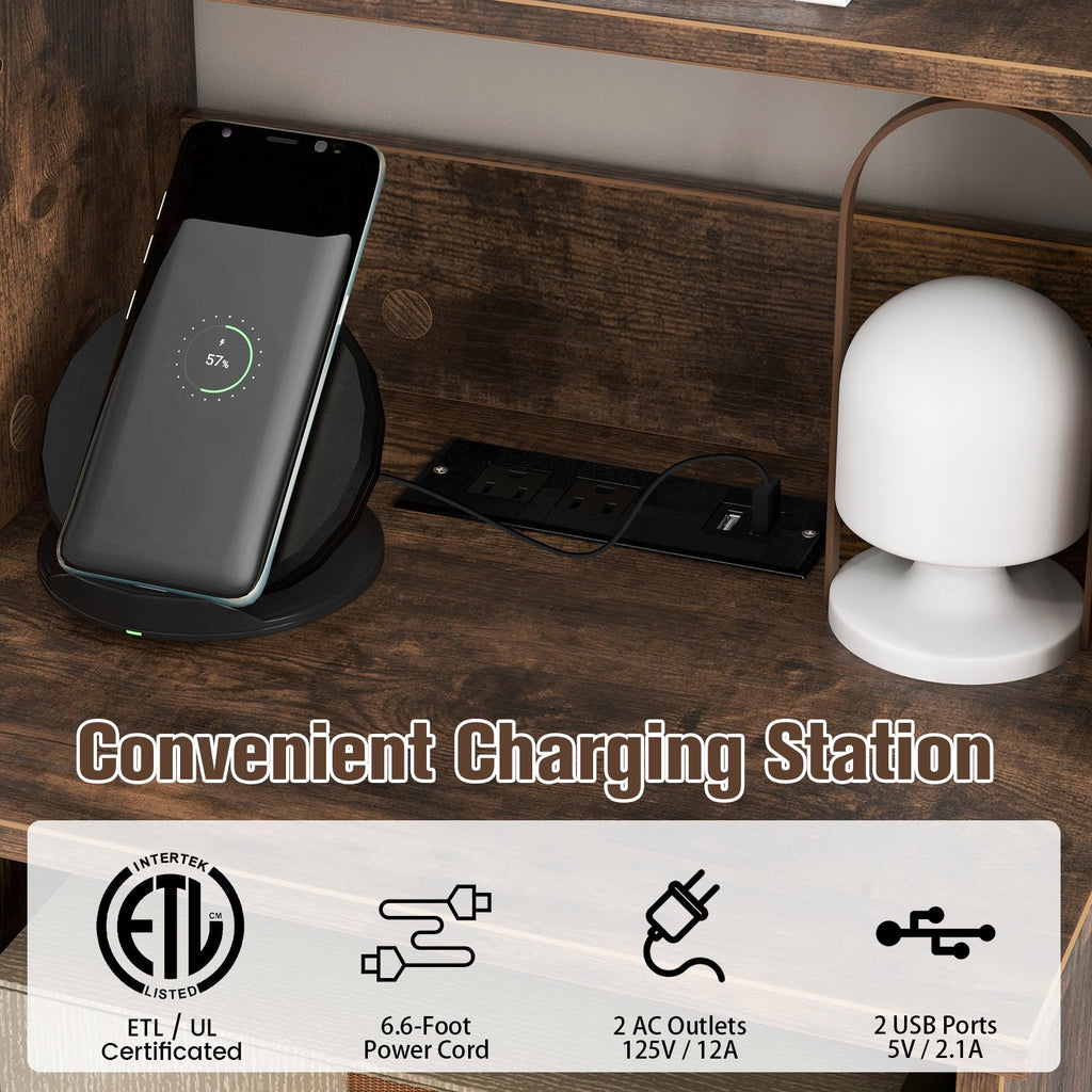 6-Tier Bookshelf Nightstand with Charging Station and Cabinet