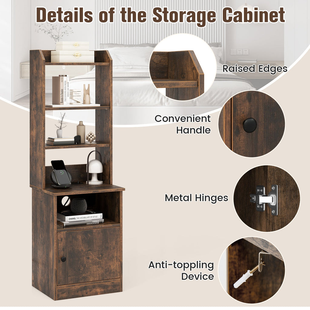 6-Tier Bookshelf Nightstand with Charging Station and Cabinet