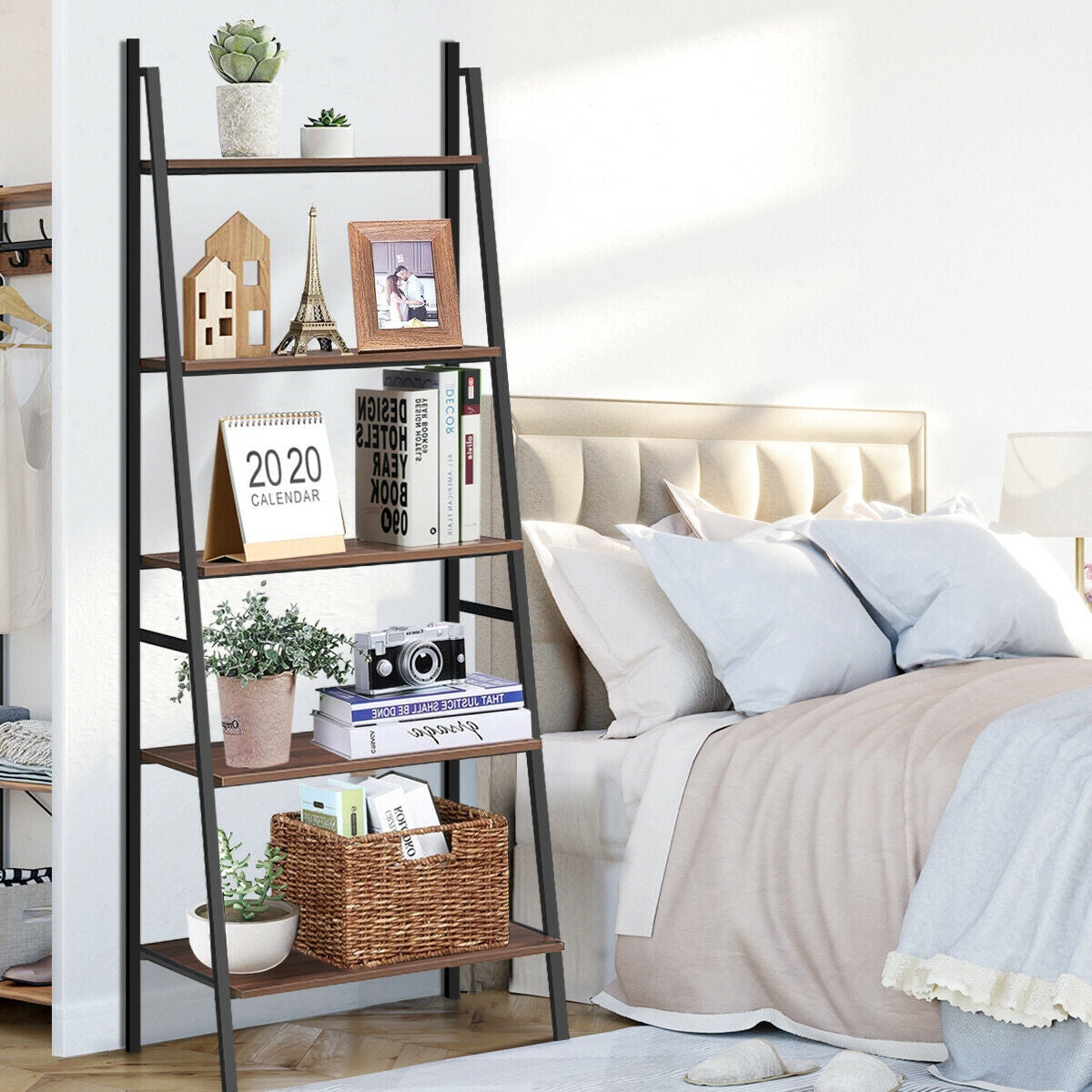 5 Tier Leaning Bookshelf Wood Metal Bookcase