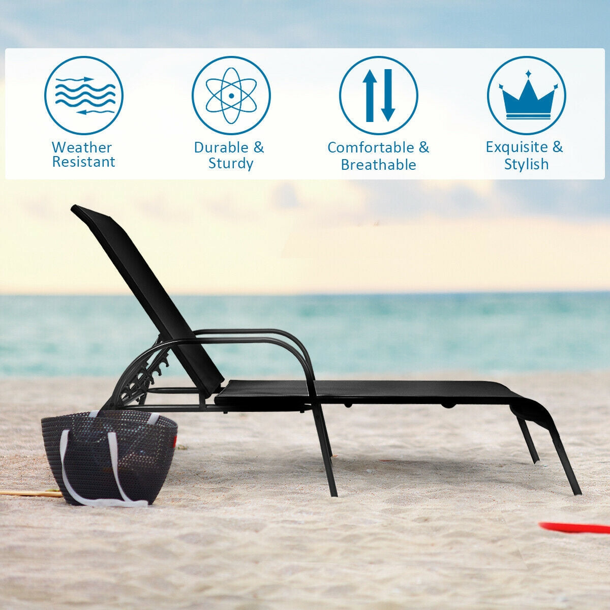 2 Pcs Outdoor Patio Lounge Chair Chaise Fabric with Adjustable Reclining Armrest-Brown