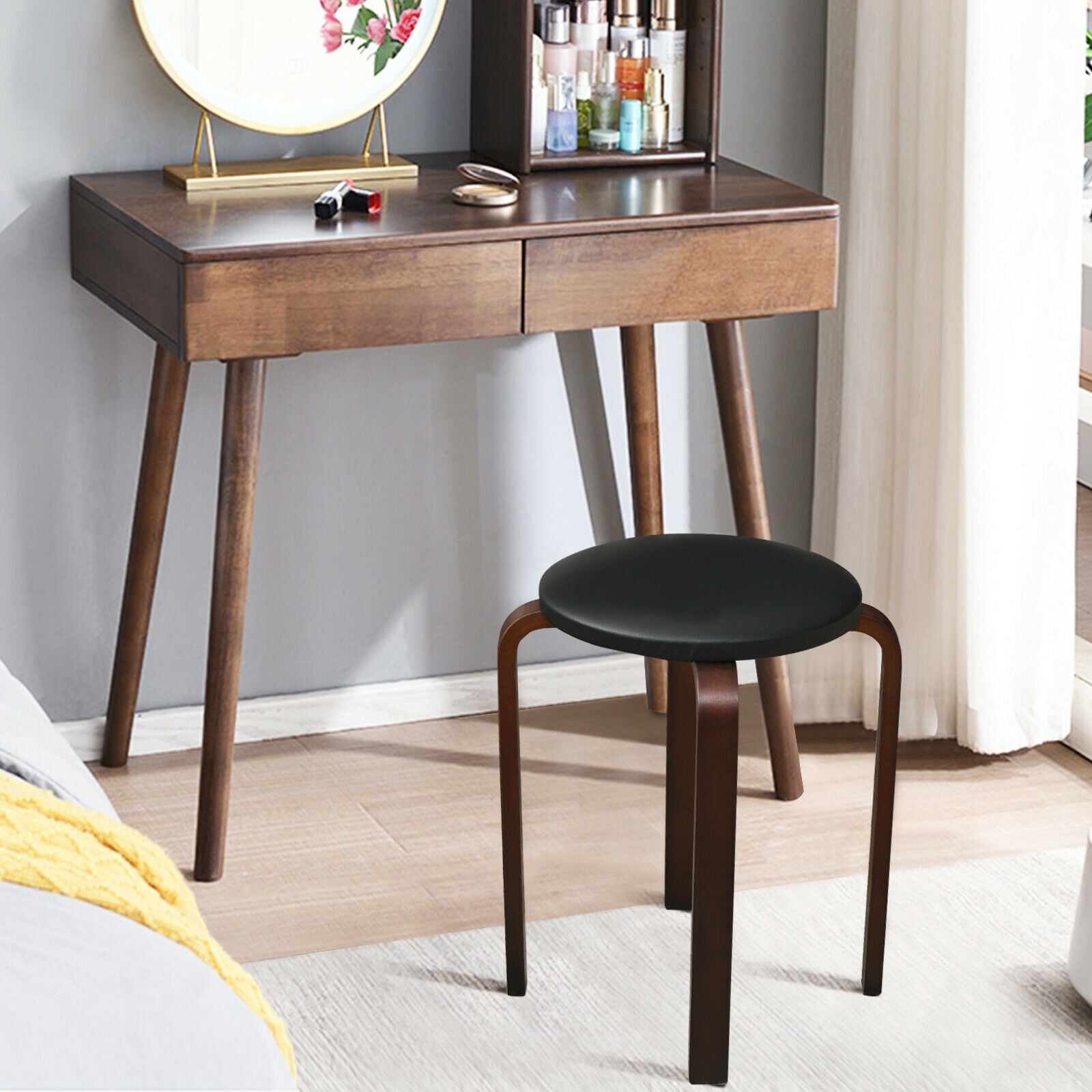 Set of 4 Bentwood Round Stool Stackable Dining Chairs with Padded Seat