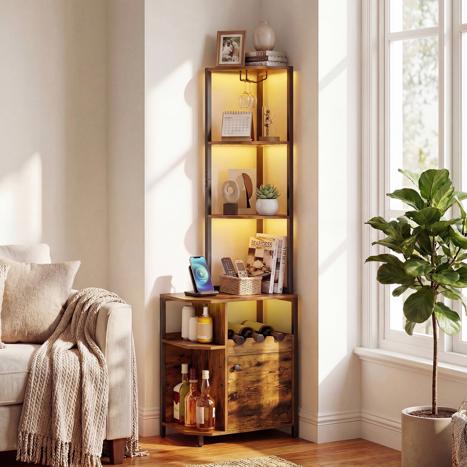 6-Tier Corner Bar Cabinet with LED Lights and Charging Station for Kitchen-Rustic Brown