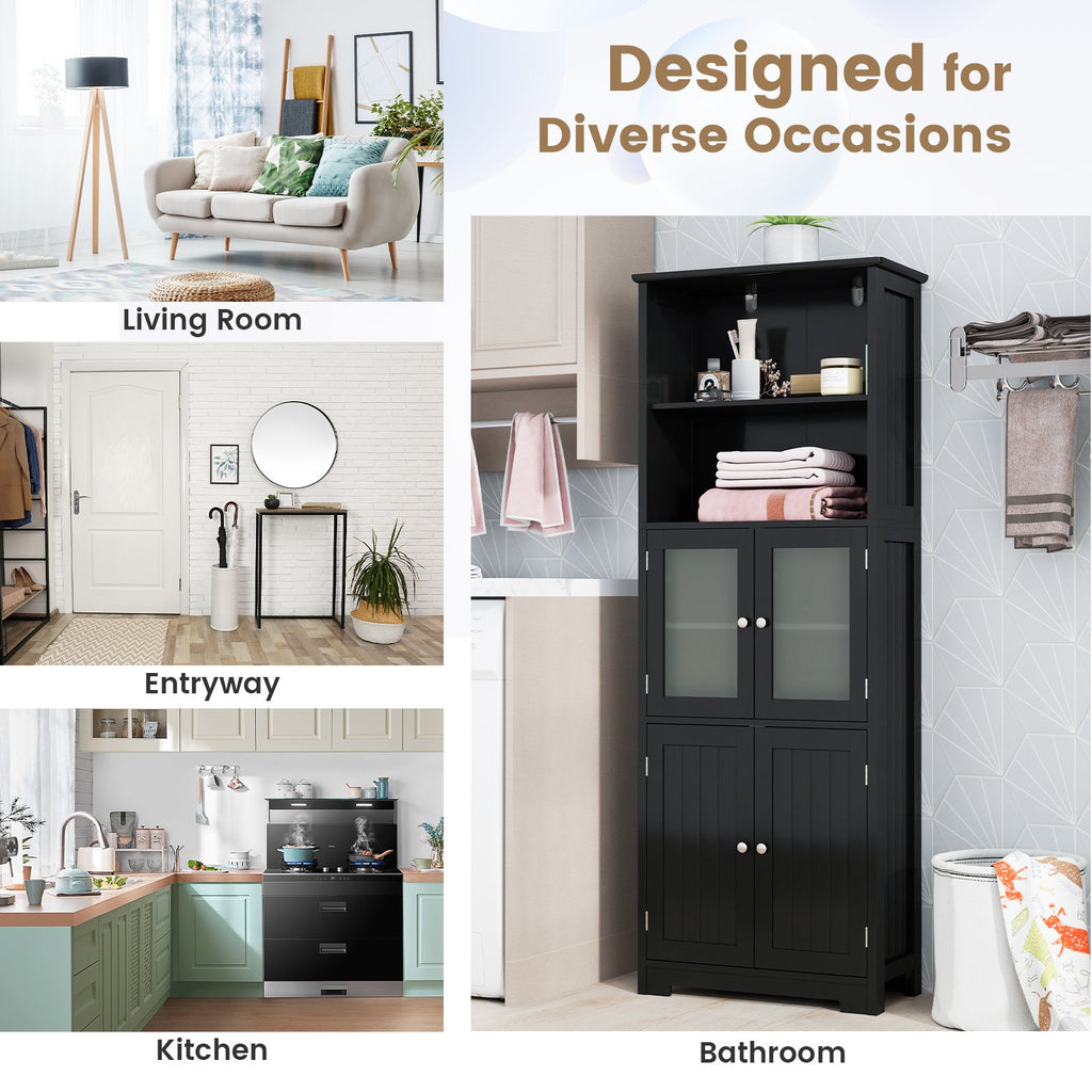 6-Tier Freestanding Bathroom Cabinet with 2 Open Compartments and Adjustable Shelves