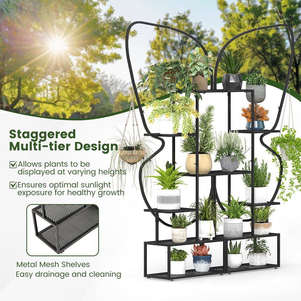 6-Tier Metal Plant Stand Ladder Display Rack with Hanging Hooks-Black