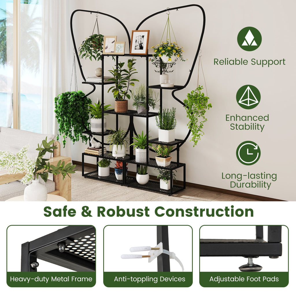 6-Tier Metal Plant Stand Ladder Display Rack with Hanging Hooks-Black