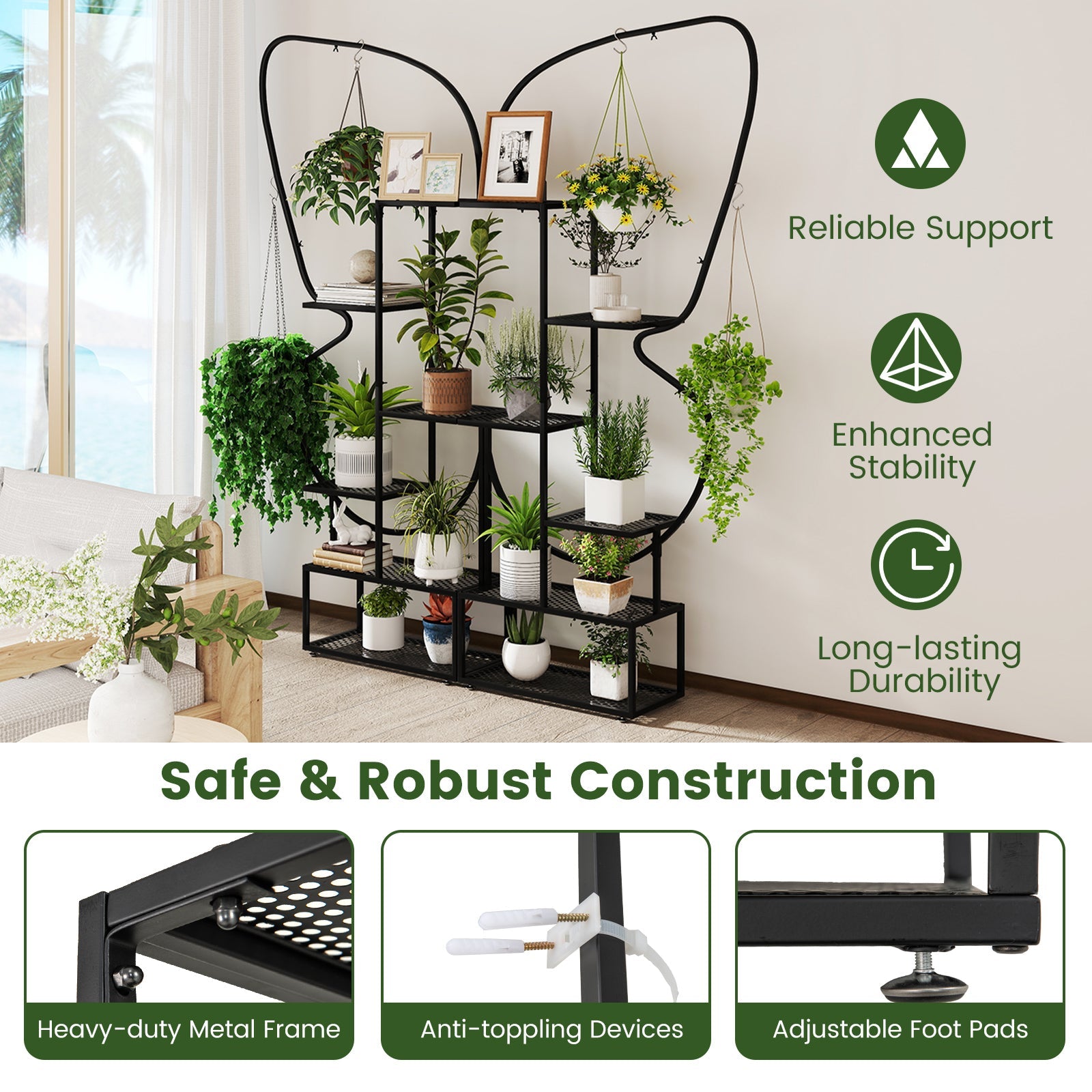 6-Tier Metal Plant Stand Ladder Display Rack with Hanging Hooks-Black