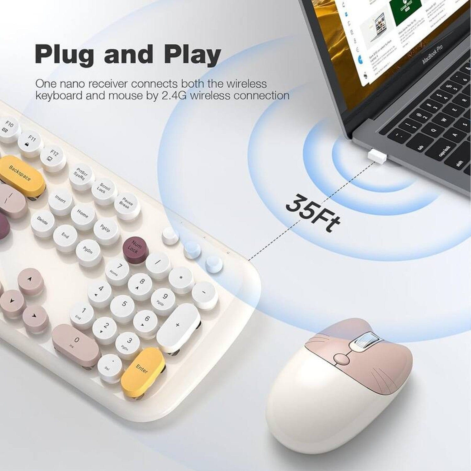 Wireless Keyboard & Mouse Combo - Soft Click, Colorful 100 Keys