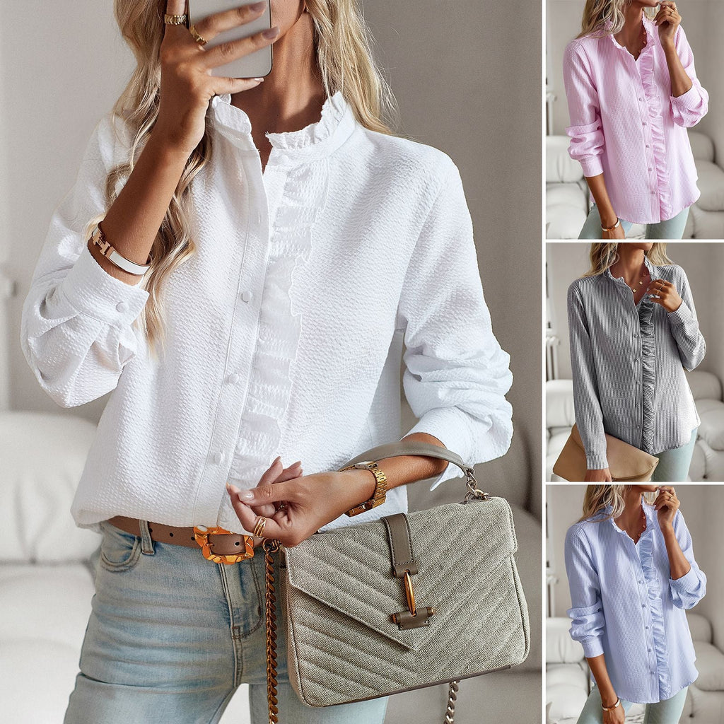 Women’s Striped Ruffle Button-Up Blouse – Long Sleeve