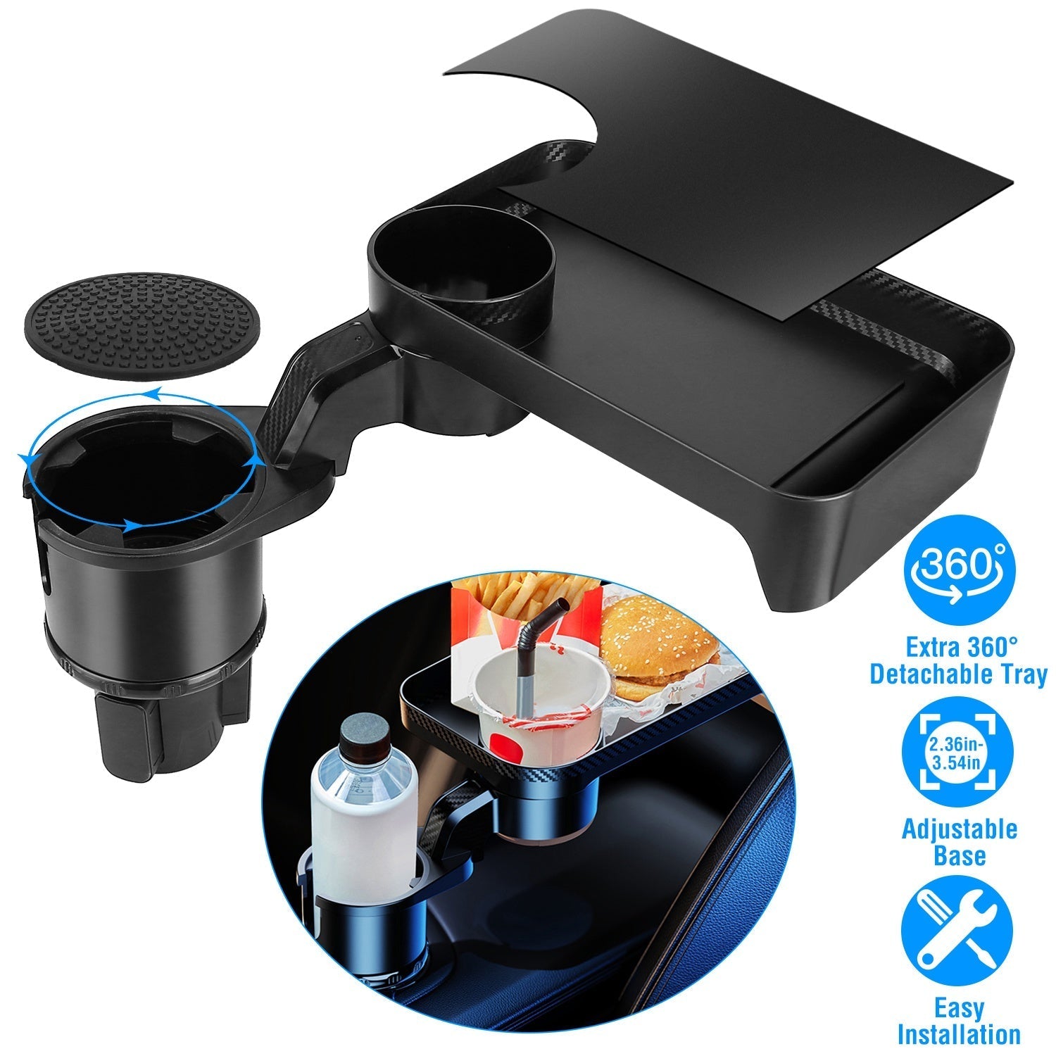 Car Cup Holder TrayÊ360¡ Rotating Car Bottle Holder Expander Adapter Multifunctional Water Cup Mount Stand with Detachable Tray