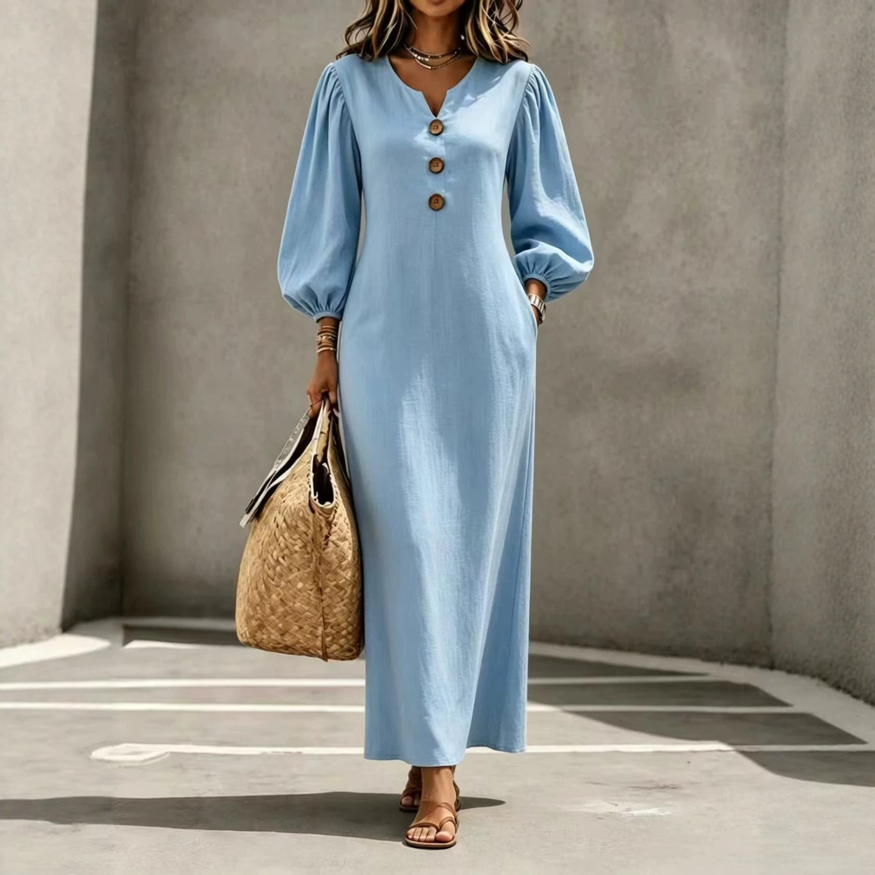 Women’s V-Neck Puff Sleeve A-Line Maxi Dress – Casual Elegant