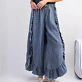 Womens Washed Cotton Denim Flared Pants With Ruffled Hem