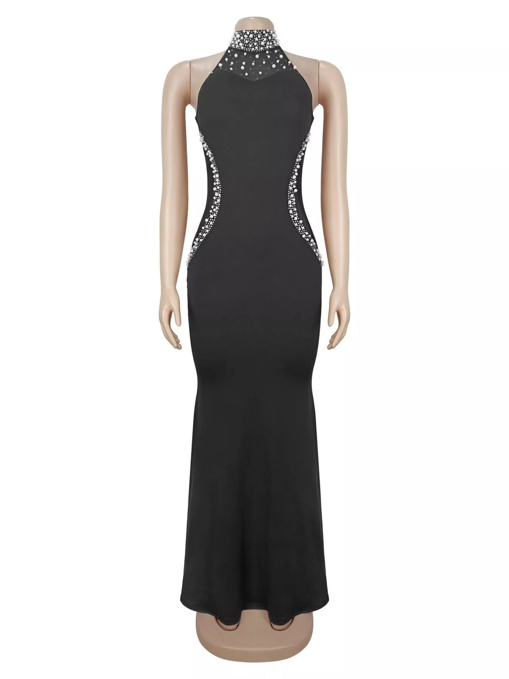 Pearl Detail Rhinestone Sleeveless Maxi Dress
