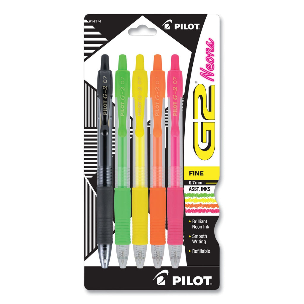 Pilot G2 Neon Gel Pen, Retractable, Fine 0.7 mm, Assorted Neon Ink and Barrel Colors, 5/Pack
