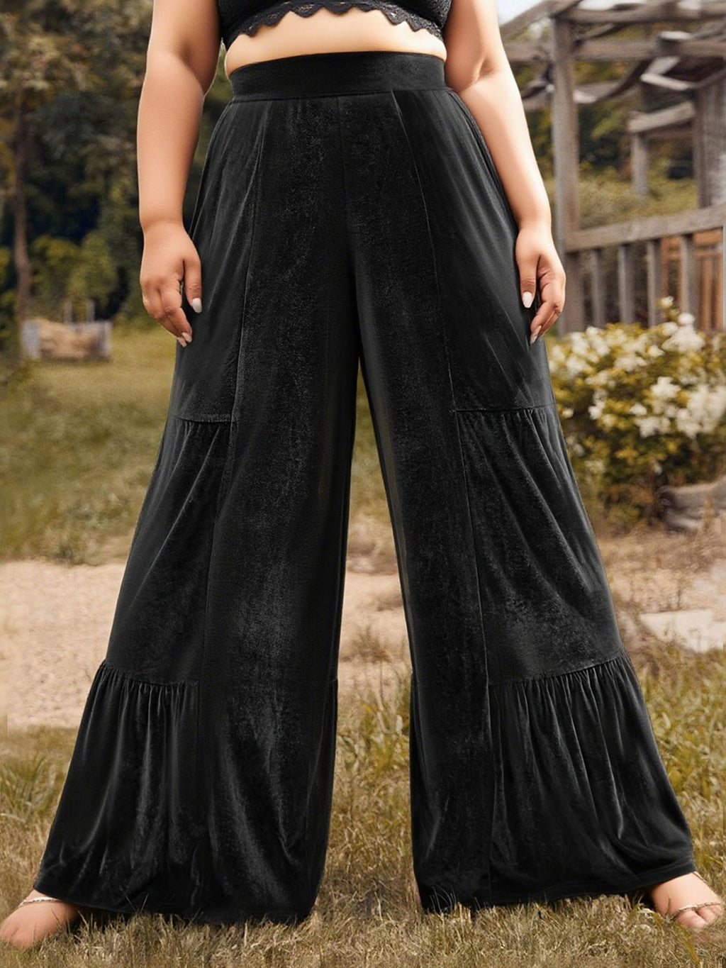 Velvet Ruffle Hem Wide Leg Pants