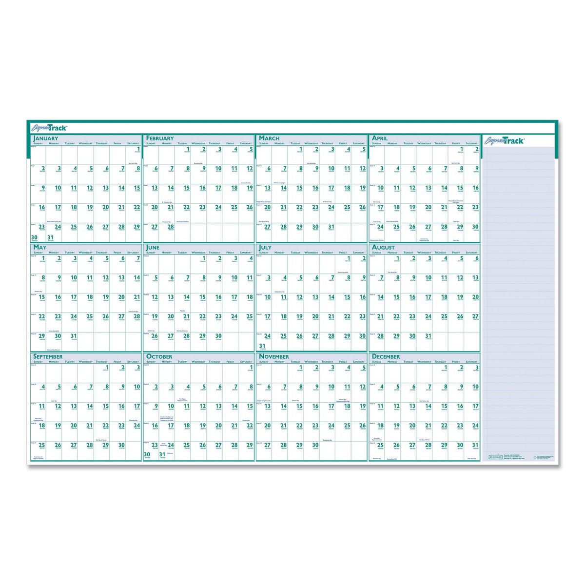 House of Doolittle Express Track Recycled Reversible/Erasable Yearly Wall Calendar, 24 x 37, White/Teal Sheets, 12-Month (Jan to Dec): 2023