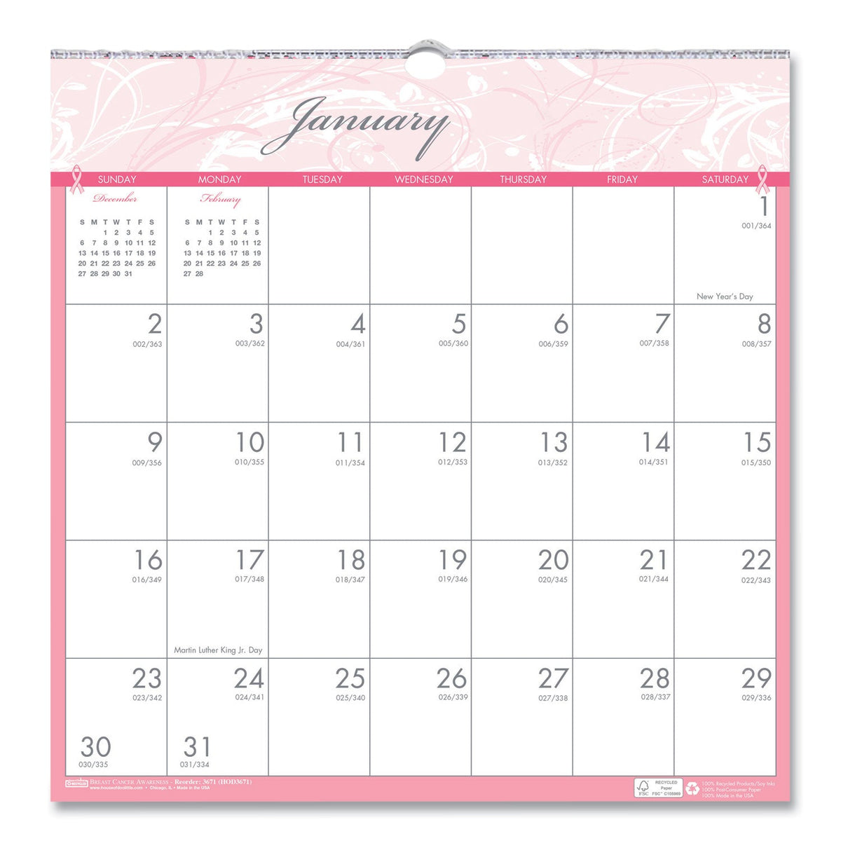 House of Doolittle Recycled Monthly Wall Calendar, Breast Cancer Awareness Artwork, 12 x 12, White/Pink/Gray Sheets, 12-Month (Jan-Dec): 2023