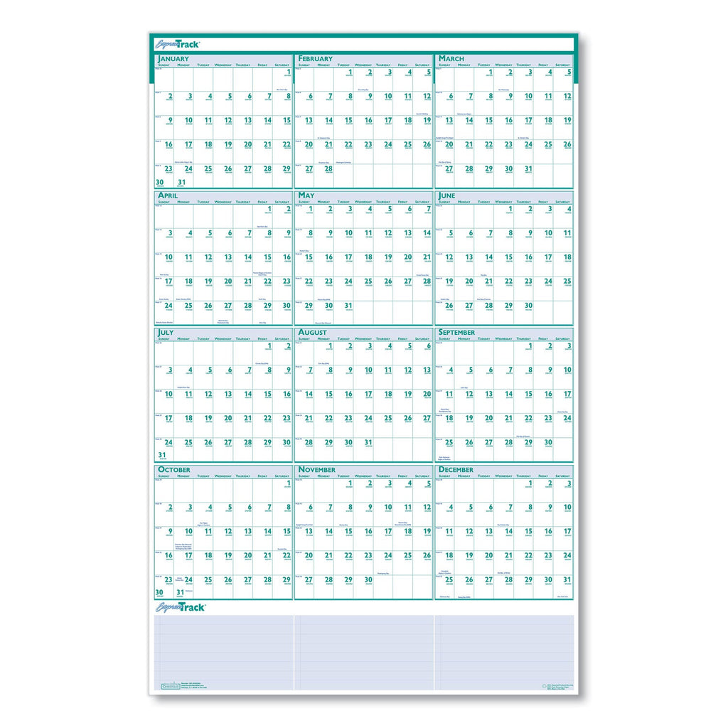 House of Doolittle Express Track Recycled Reversible/Erasable Yearly Wall Calendar, 24 x 37, White/Teal Sheets, 12-Month (Jan to Dec): 2023