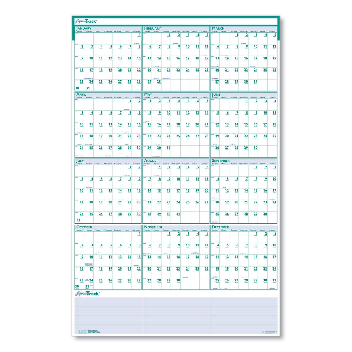 House of Doolittle Express Track Recycled Reversible/Erasable Yearly Wall Calendar, 24 x 37, White/Teal Sheets, 12-Month (Jan to Dec): 2023