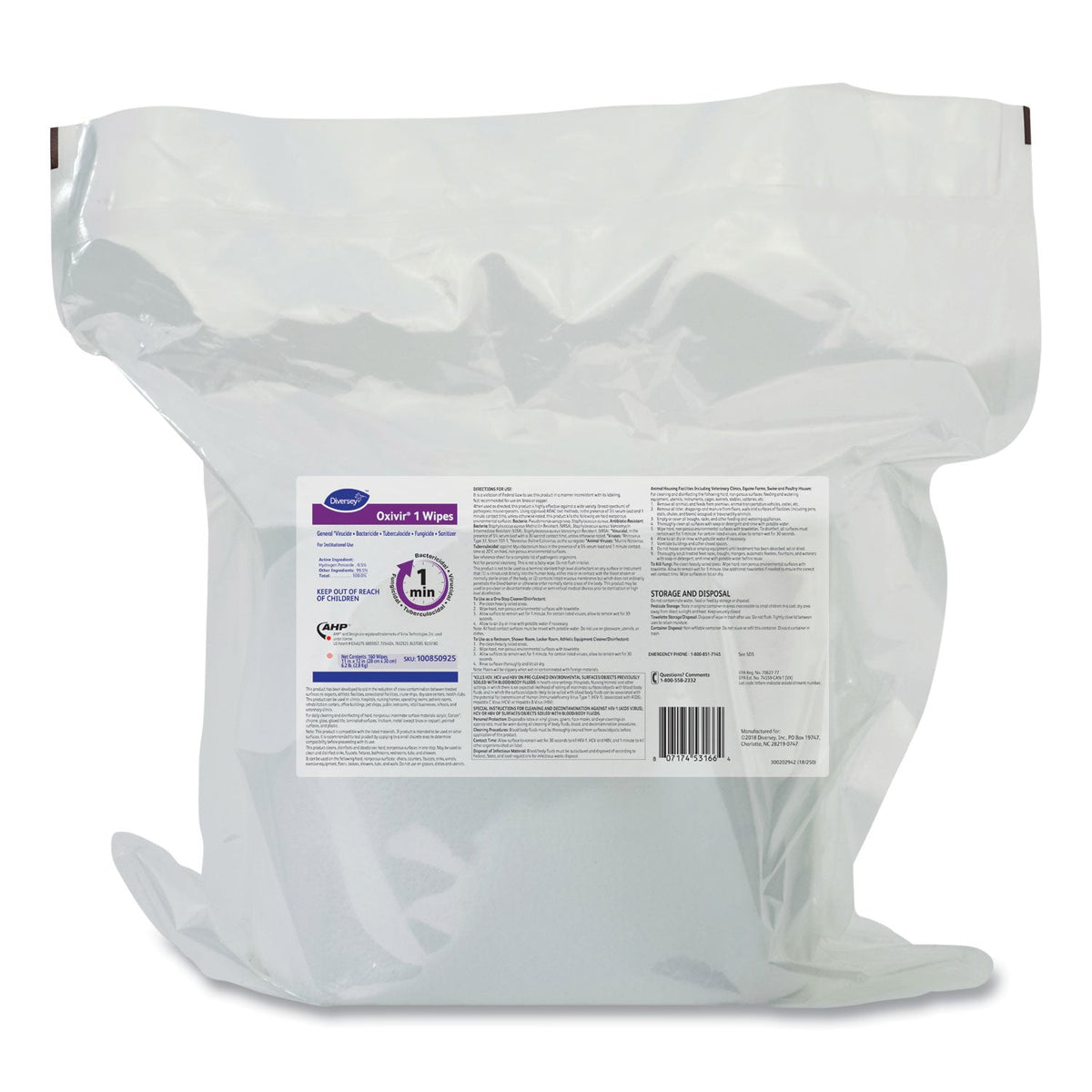 Diversey Oxivir 1 Wipes, 11 x 12, Cherry Almond Scent, 160/Refill Pack, 4/Carton