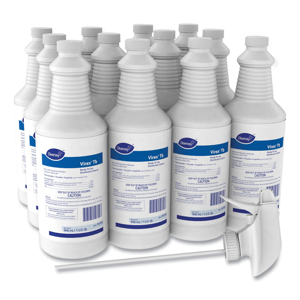 Diversey Virex TB Disinfectant Cleaner, Lemon Scent, Liquid, 32 oz Bottle, 12/Carton