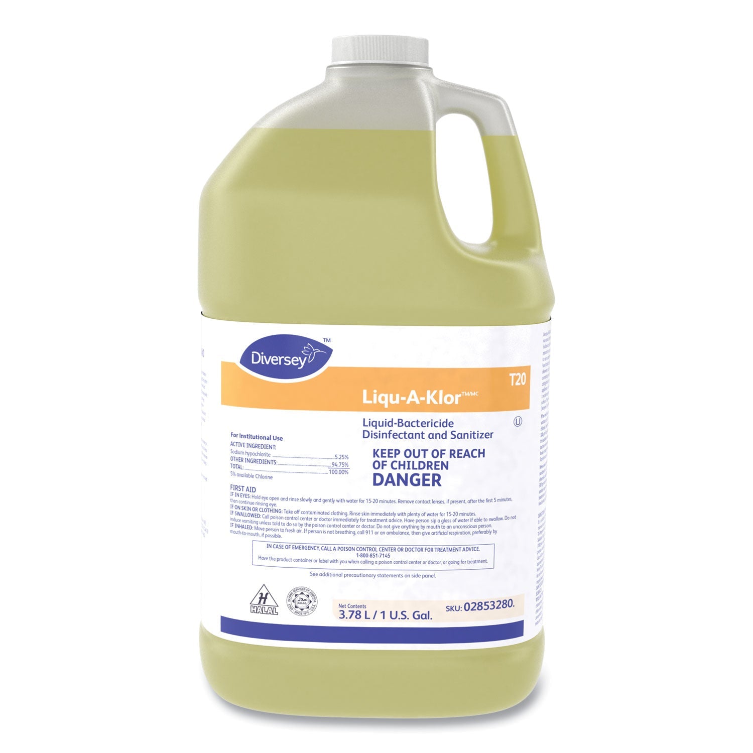 Diversey Liqu-A-Klor Disinfectant/Sanitizer, 1 gal Bottle, 4/Carton