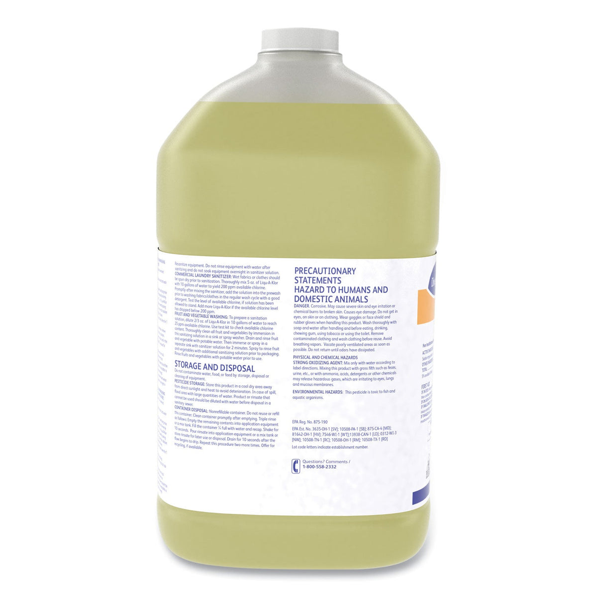 Diversey Liqu-A-Klor Disinfectant/Sanitizer, 1 gal Bottle, 4/Carton