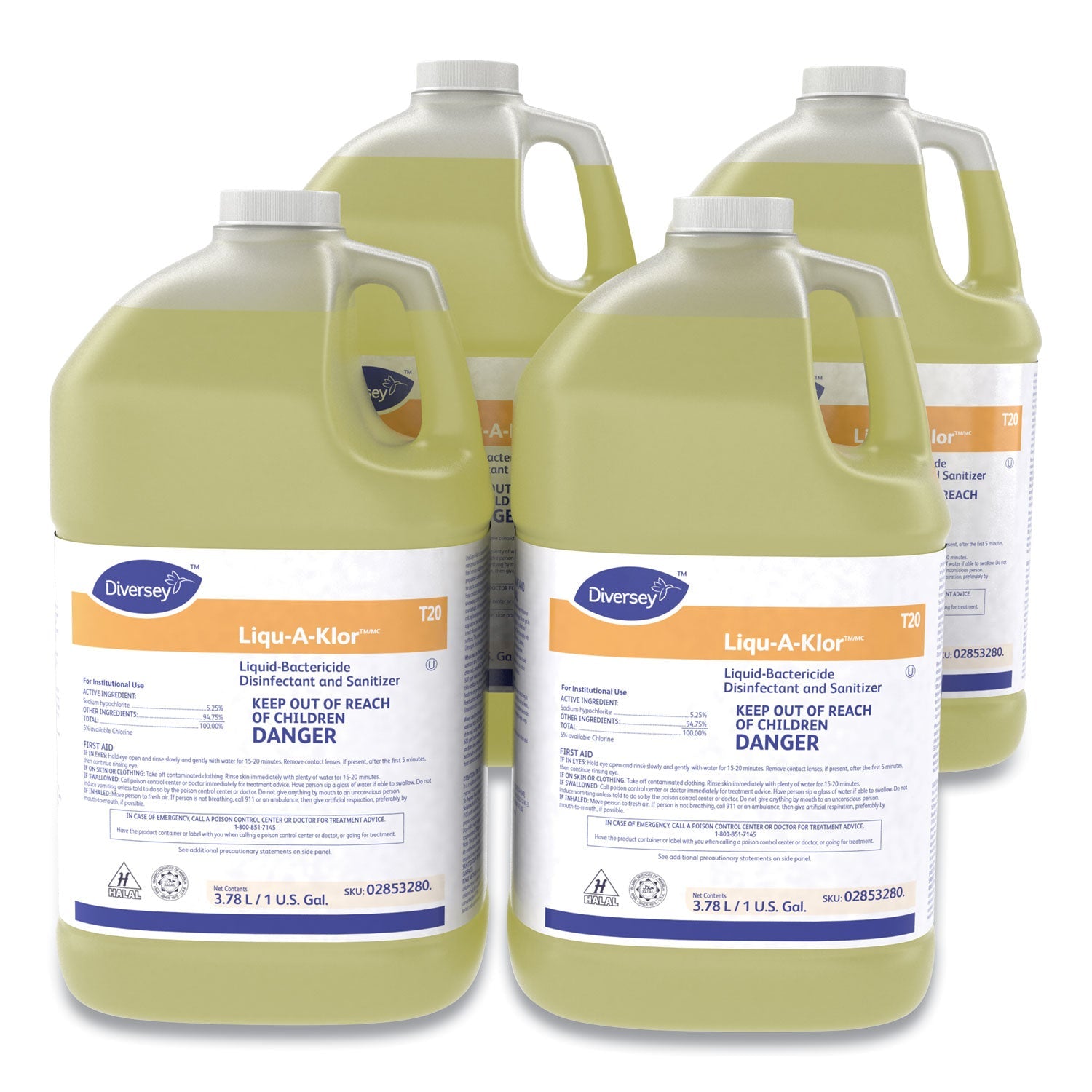 Diversey Liqu-A-Klor Disinfectant/Sanitizer, 1 gal Bottle, 4/Carton