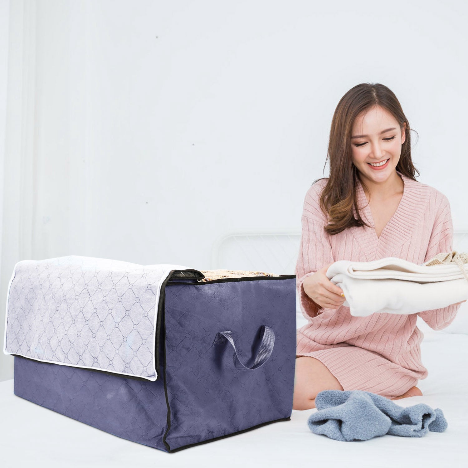 2Pcs Clothes Storage Bag 90L Large Capacity Foldable Closet Organizer w/ Thick Fabric Clear Window Dual-Zipper for Clothes Comforters Blankets Bedding