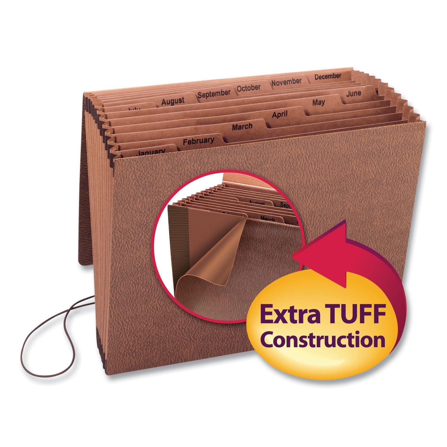 Smead TUFF Expanding Wallet, 12 Sections, Elastic Cord Closure, 1/6-Cut Tabs, Letter Size, Redrope